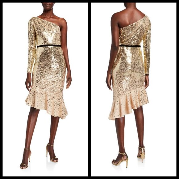 💕MARCHESA NOTTE💕 Glitter Ruffle Asymmetric Cocktail Dress ~ Champagne 4 NWT - Picture 1 of 11
